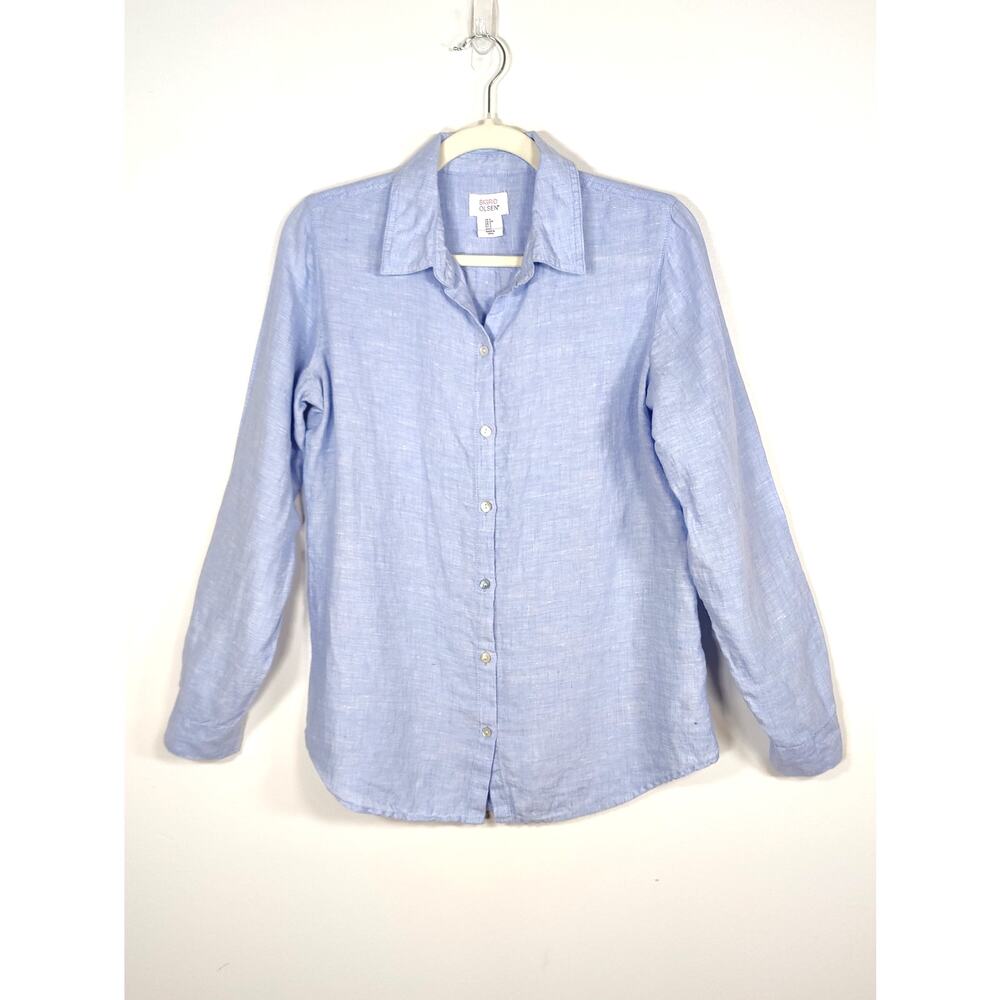 Sigrid Olsen 100% Linen Button Up Shirt Light Blue Roll Tab Sleeve S